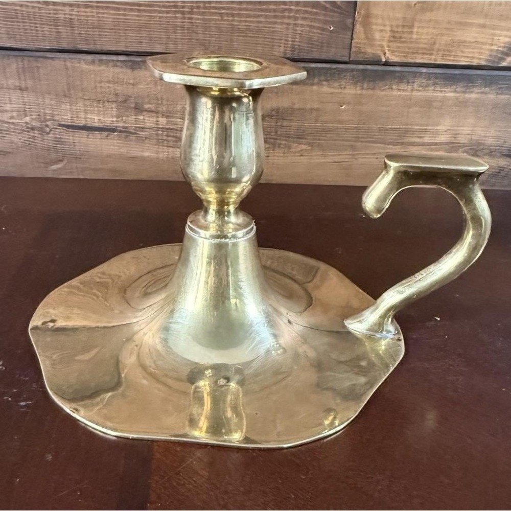 Vintage Solid Polished Brass Chamber-style Candlestick Holder Finger Loop